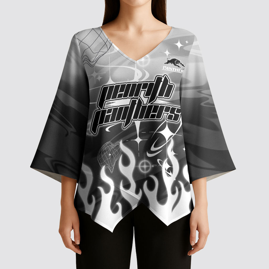 Personalized Penrith Panthers Kimono Sleeve Blouse Y2K Grunge Aesthetic With Cyber Flames and Starburst Graphics
