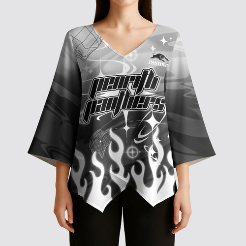 Personalized Penrith Panthers Kimono Sleeve Blouse Y2K Grunge Aesthetic With Cyber Flames and Starburst Graphics