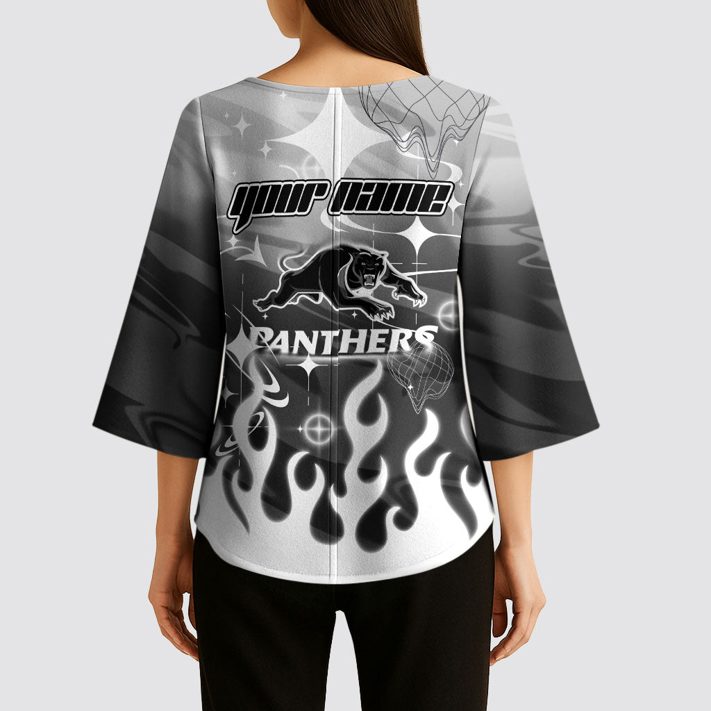 Personalized Penrith Panthers Kimono Sleeve Blouse Y2K Grunge Aesthetic With Cyber Flames and Starburst Graphics
