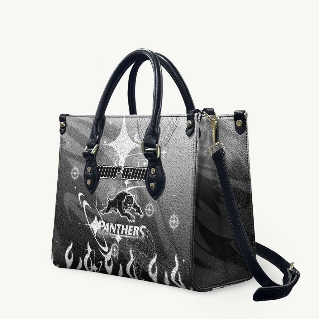 Personalized Penrith Panthers Leather Bag Y2K Grunge Aesthetic With Cyber Flames and Starburst Graphics