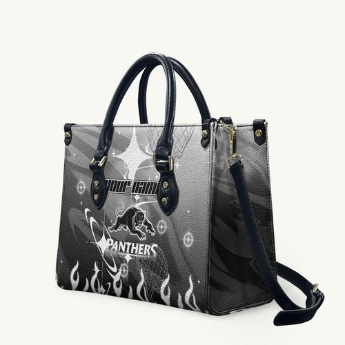 Personalized Penrith Panthers Leather Bag Y2K Grunge Aesthetic With Cyber Flames and Starburst Graphics