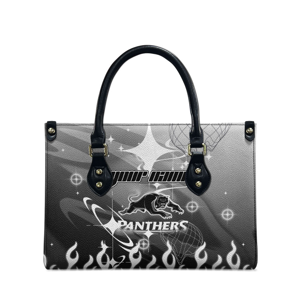 Personalized Penrith Panthers Leather Bag Y2K Grunge Aesthetic With Cyber Flames and Starburst Graphics