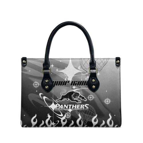 Personalized Penrith Panthers Leather Bag Y2K Grunge Aesthetic With Cyber Flames and Starburst Graphics