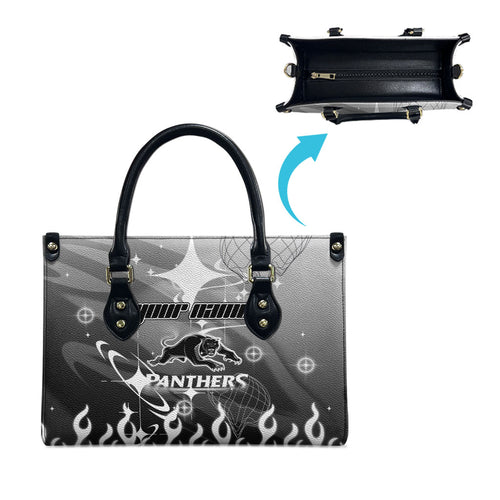 Personalized Penrith Panthers Leather Bag Y2K Grunge Aesthetic With Cyber Flames and Starburst Graphics