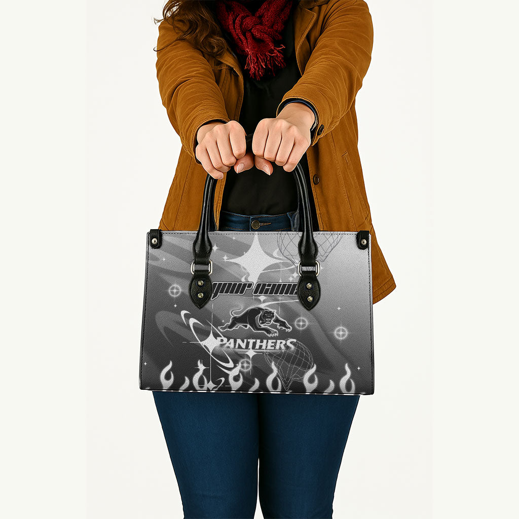 Personalized Penrith Panthers Leather Bag Y2K Grunge Aesthetic With Cyber Flames and Starburst Graphics