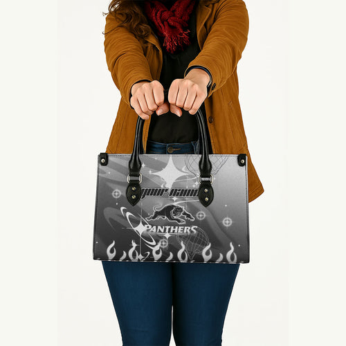 Personalized Penrith Panthers Leather Bag Y2K Grunge Aesthetic With Cyber Flames and Starburst Graphics