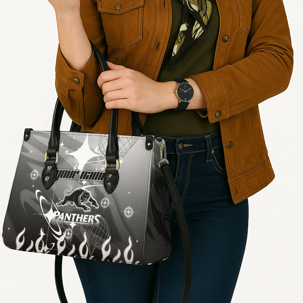 Personalized Penrith Panthers Leather Bag Y2K Grunge Aesthetic With Cyber Flames and Starburst Graphics