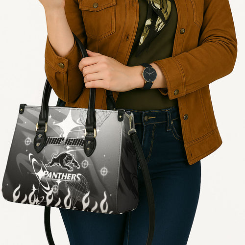 Personalized Penrith Panthers Leather Bag Y2K Grunge Aesthetic With Cyber Flames and Starburst Graphics