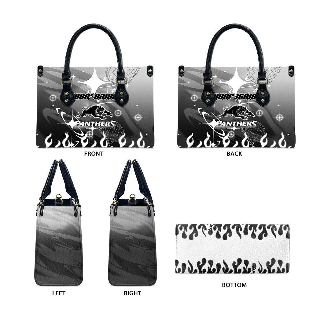 Personalized Penrith Panthers Leather Bag Y2K Grunge Aesthetic With Cyber Flames and Starburst Graphics