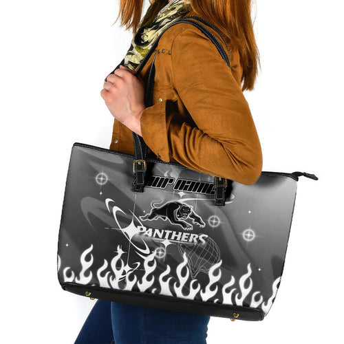 Personalized Penrith Panthers Leather Tote Bag Y2K Grunge Aesthetic With Cyber Flames and Starburst Graphics