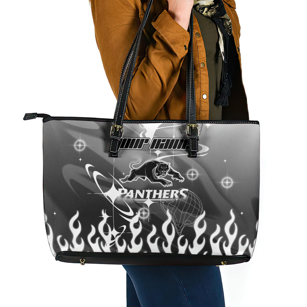 Personalized Penrith Panthers Leather Tote Bag Y2K Grunge Aesthetic With Cyber Flames and Starburst Graphics