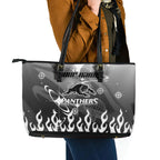 Personalized Penrith Panthers Leather Tote Bag Y2K Grunge Aesthetic With Cyber Flames and Starburst Graphics