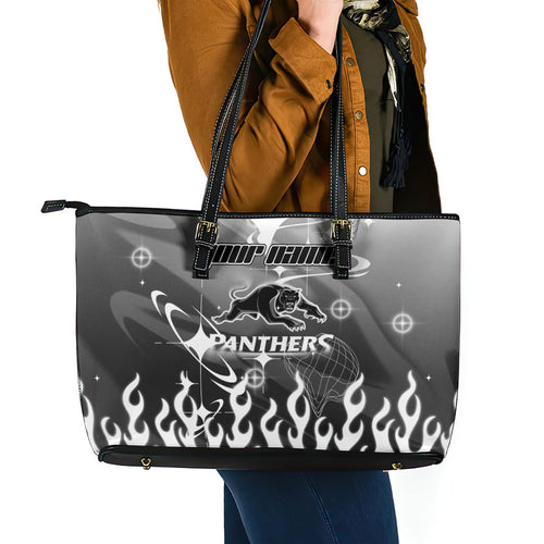 Personalized Penrith Panthers Leather Tote Bag Y2K Grunge Aesthetic With Cyber Flames and Starburst Graphics