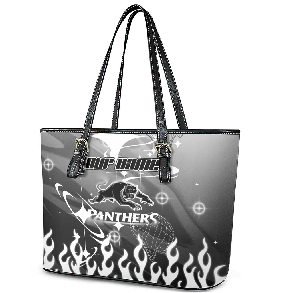 Personalized Penrith Panthers Leather Tote Bag Y2K Grunge Aesthetic With Cyber Flames and Starburst Graphics