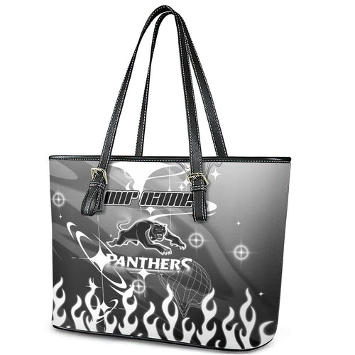 Personalized Penrith Panthers Leather Tote Bag Y2K Grunge Aesthetic With Cyber Flames and Starburst Graphics