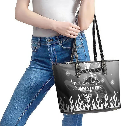 Personalized Penrith Panthers Leather Tote Bag Y2K Grunge Aesthetic With Cyber Flames and Starburst Graphics