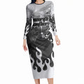 Personalized Penrith Panthers Long Sleeve Bodycon Dress Y2K Grunge Aesthetic With Cyber Flames and Starburst Graphics
