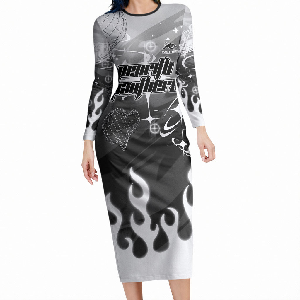 Personalized Penrith Panthers Long Sleeve Bodycon Dress Y2K Grunge Aesthetic With Cyber Flames and Starburst Graphics
