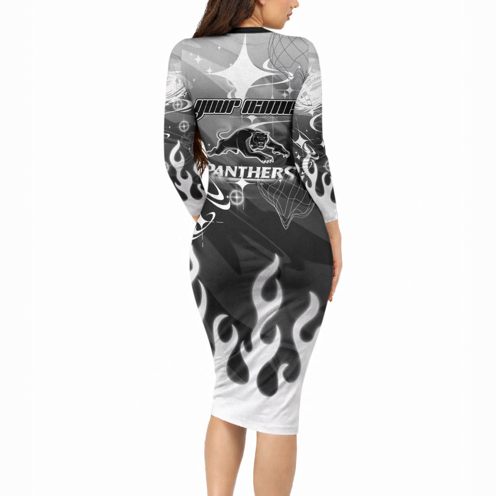 Personalized Penrith Panthers Long Sleeve Bodycon Dress Y2K Grunge Aesthetic With Cyber Flames and Starburst Graphics