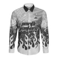 Personalized Penrith Panthers Long Sleeve Button Shirt Y2K Grunge Aesthetic With Cyber Flames and Starburst Graphics