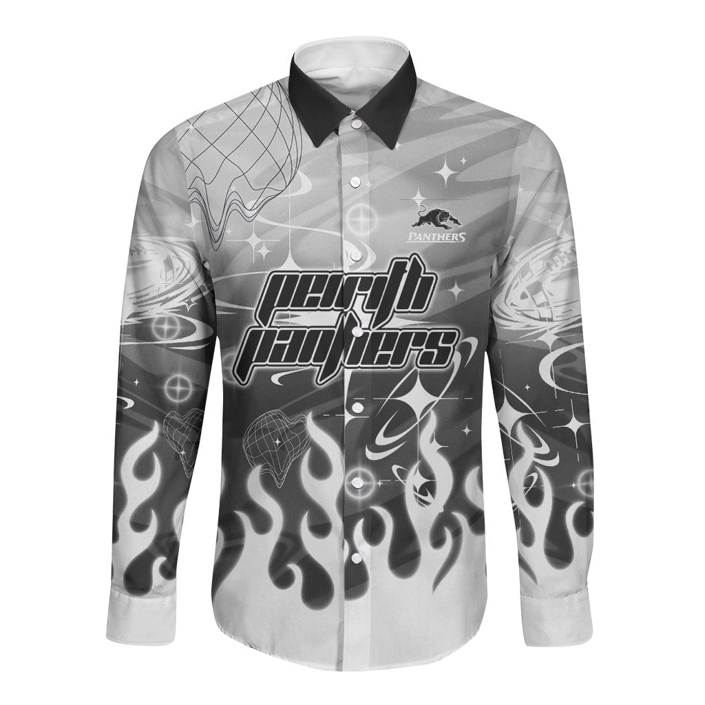 Personalized Penrith Panthers Long Sleeve Button Shirt Y2K Grunge Aesthetic With Cyber Flames and Starburst Graphics