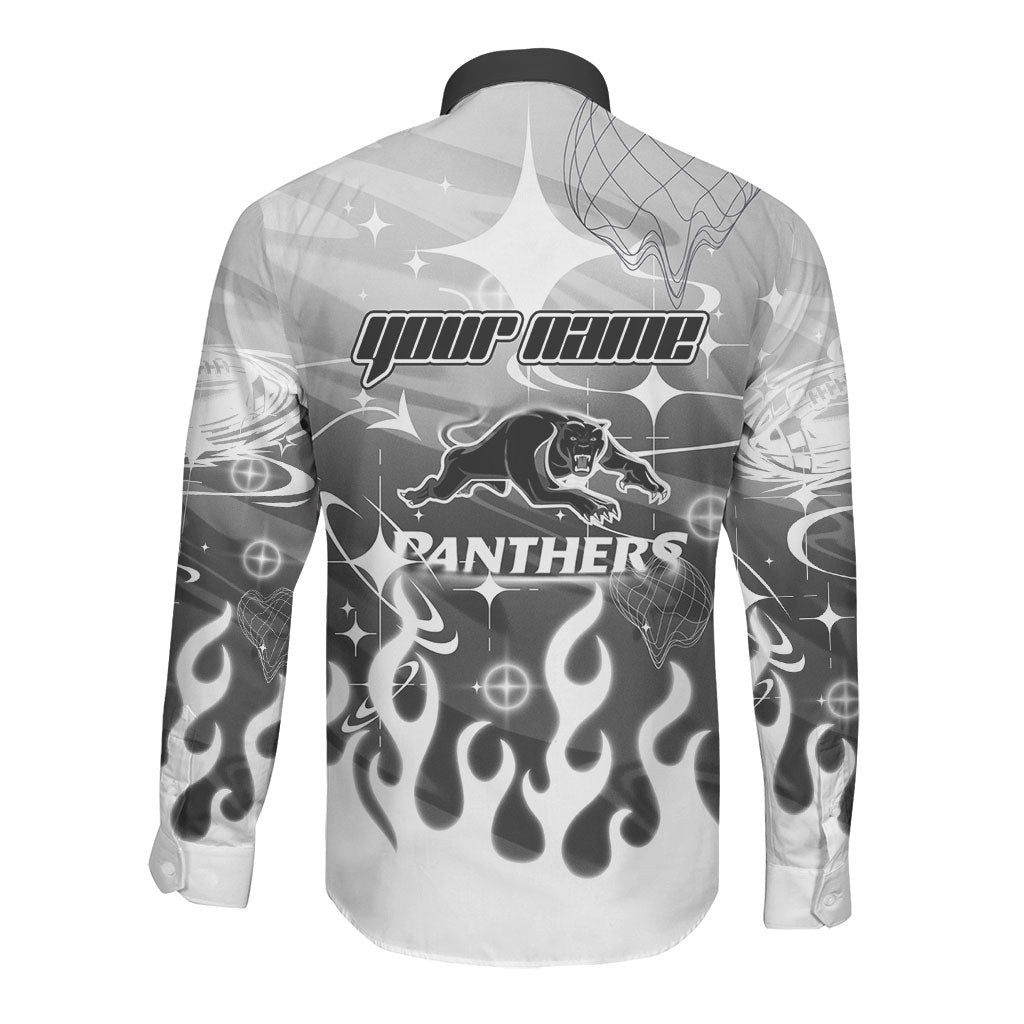 Personalized Penrith Panthers Long Sleeve Button Shirt Y2K Grunge Aesthetic With Cyber Flames and Starburst Graphics
