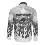 Personalized Penrith Panthers Long Sleeve Button Shirt Y2K Grunge Aesthetic With Cyber Flames and Starburst Graphics