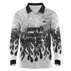 Personalized Penrith Panthers Long Sleeve Polo Shirt Y2K Grunge Aesthetic With Cyber Flames and Starburst Graphics