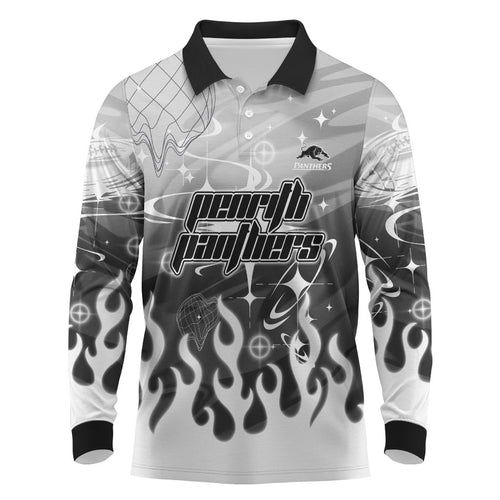 Personalized Penrith Panthers Long Sleeve Polo Shirt Y2K Grunge Aesthetic With Cyber Flames and Starburst Graphics