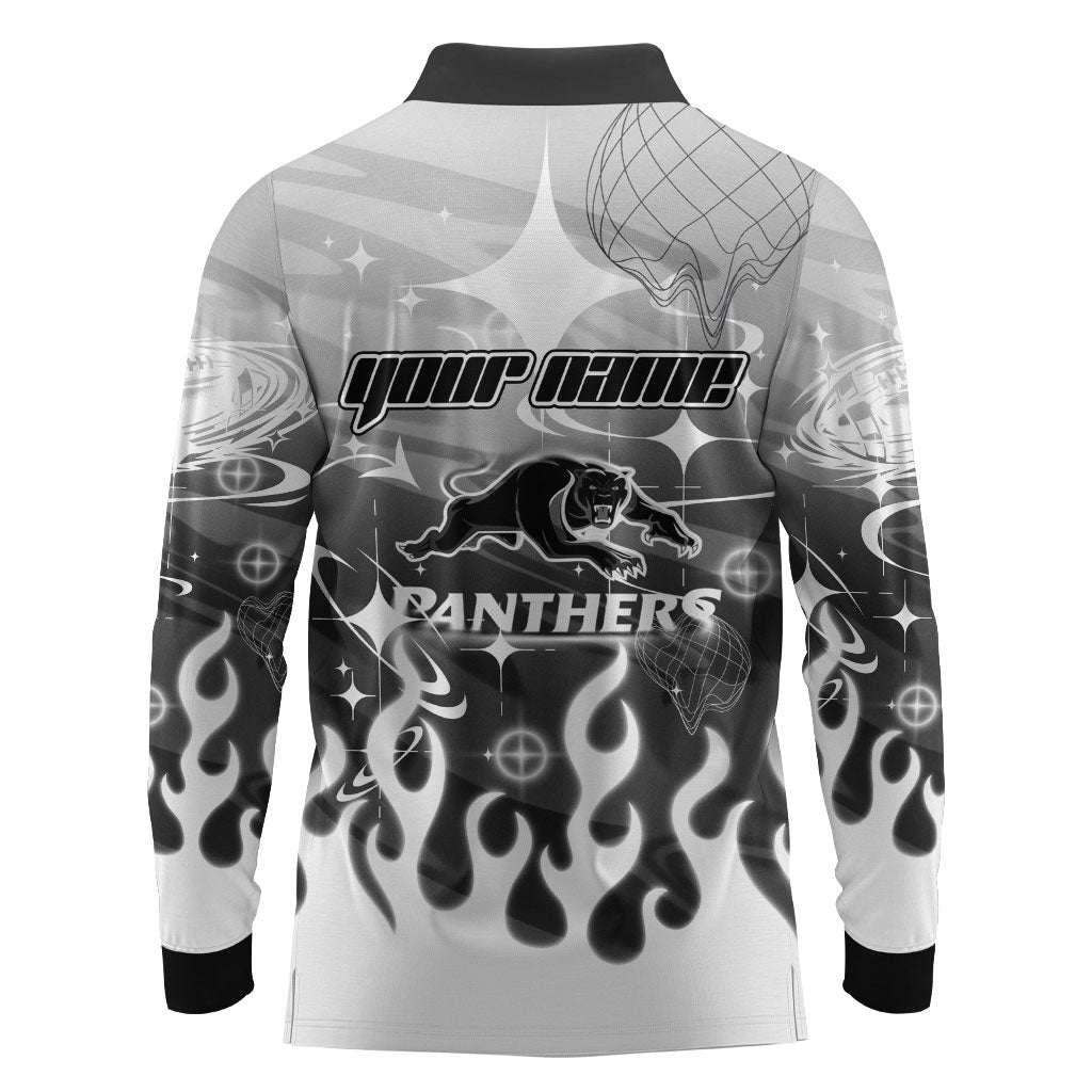 Personalized Penrith Panthers Long Sleeve Polo Shirt Y2K Grunge Aesthetic With Cyber Flames and Starburst Graphics