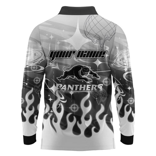 Personalized Penrith Panthers Long Sleeve Polo Shirt Y2K Grunge Aesthetic With Cyber Flames and Starburst Graphics