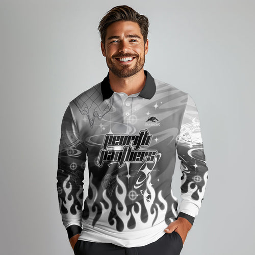 Personalized Penrith Panthers Long Sleeve Polo Shirt Y2K Grunge Aesthetic With Cyber Flames and Starburst Graphics