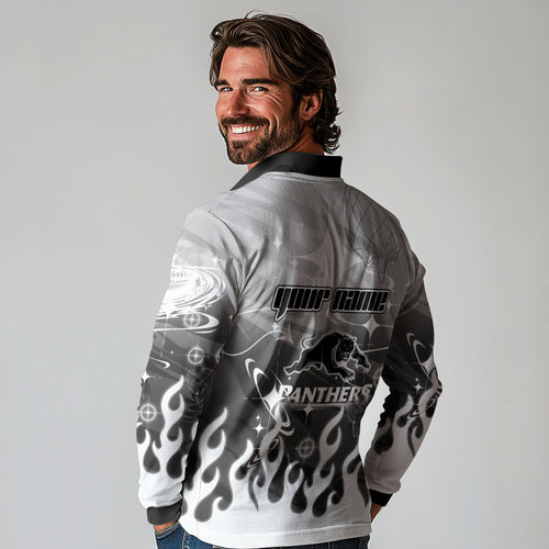 Personalized Penrith Panthers Long Sleeve Polo Shirt Y2K Grunge Aesthetic With Cyber Flames and Starburst Graphics