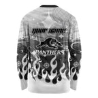 Personalized Penrith Panthers Long Sleeve Shirt Y2K Grunge Aesthetic With Cyber Flames and Starburst Graphics