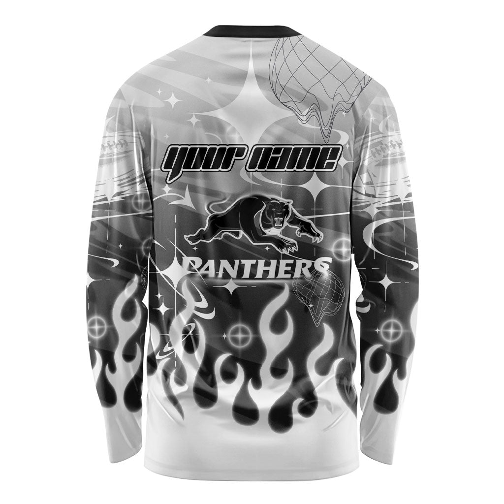 Personalized Penrith Panthers Long Sleeve Shirt Y2K Grunge Aesthetic With Cyber Flames and Starburst Graphics