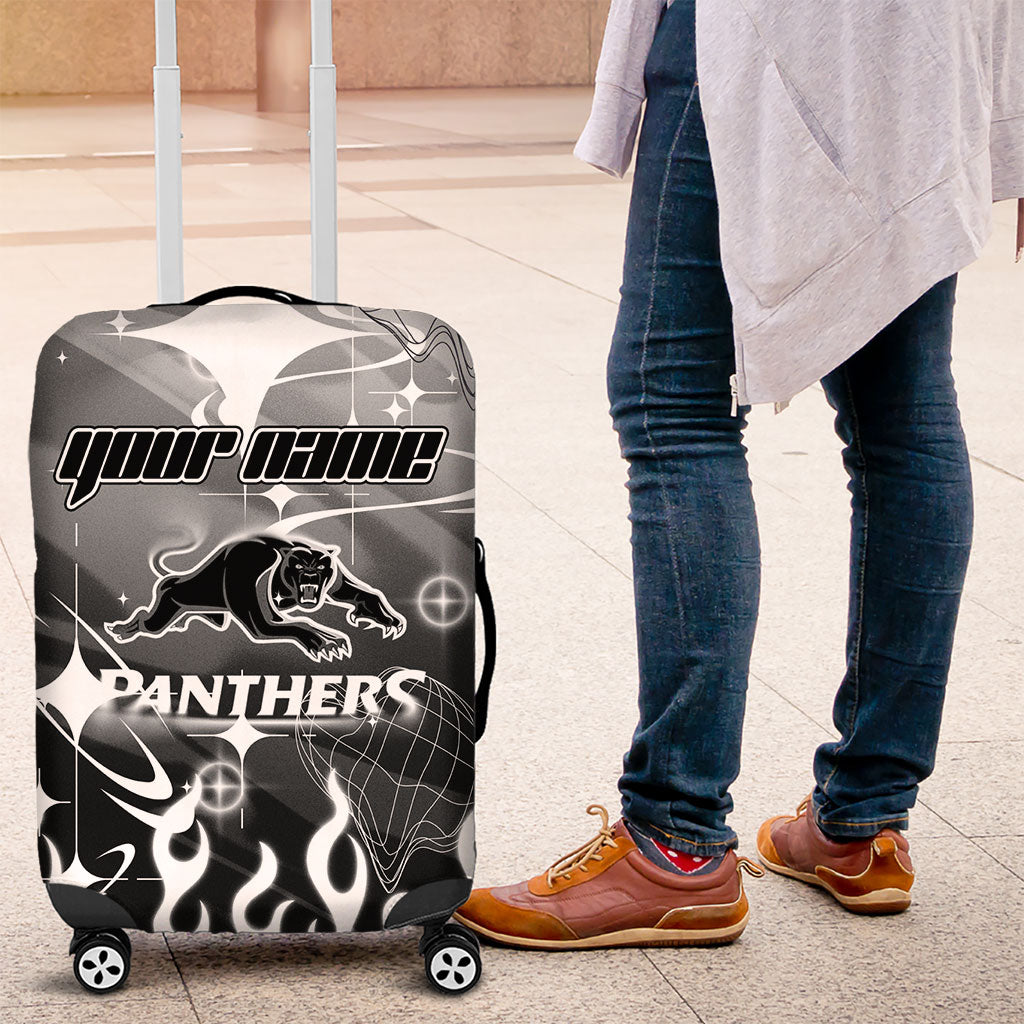 Personalized Penrith Panthers Luggage Cover Y2K Grunge Aesthetic With Cyber Flames and Starburst Graphics