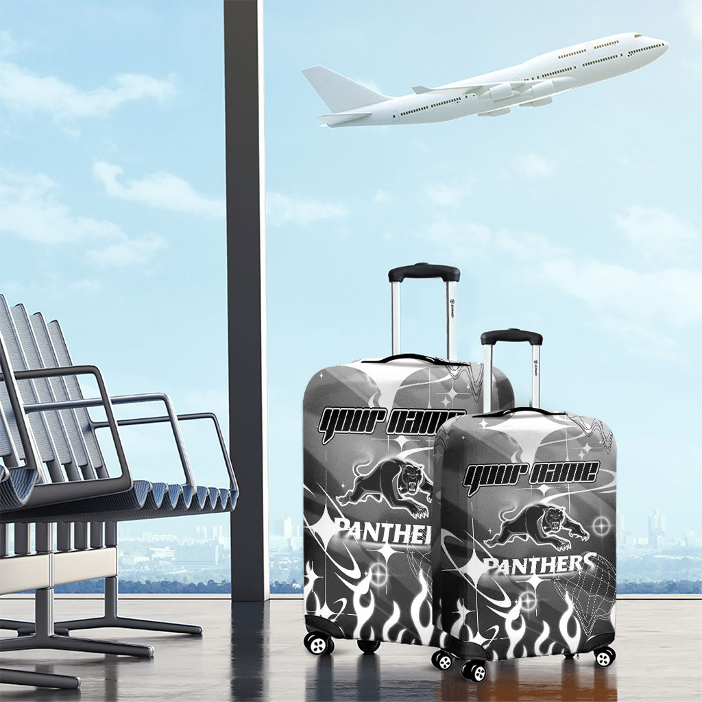 Personalized Penrith Panthers Luggage Cover Y2K Grunge Aesthetic With Cyber Flames and Starburst Graphics