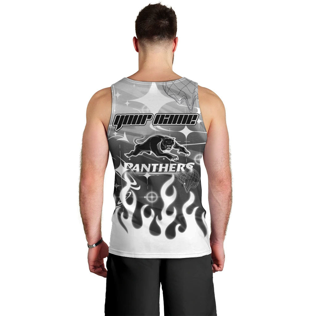 Personalized Penrith Panthers Men Tank Top Y2K Grunge Aesthetic With Cyber Flames and Starburst Graphics