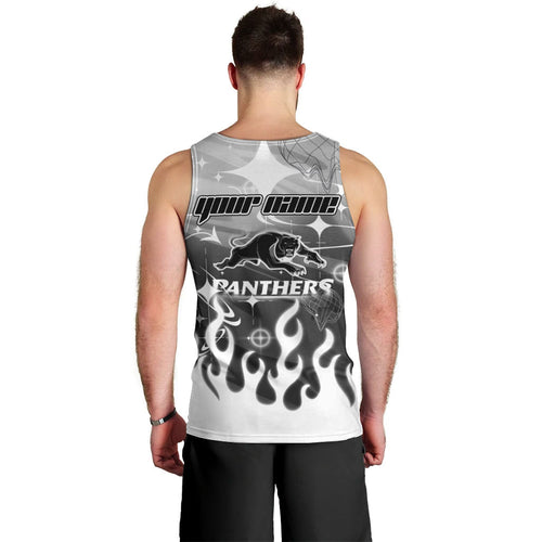 Personalized Penrith Panthers Men Tank Top Y2K Grunge Aesthetic With Cyber Flames and Starburst Graphics