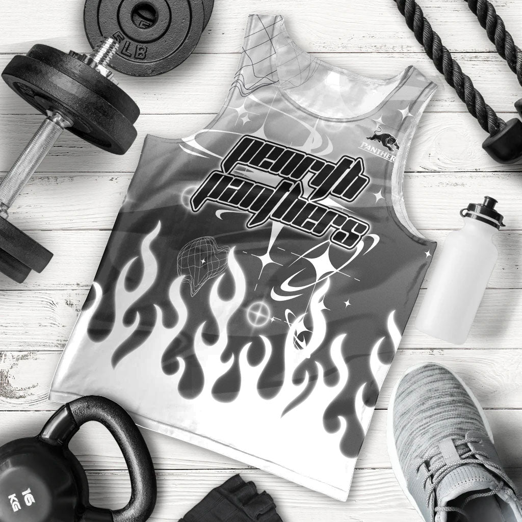 Personalized Penrith Panthers Men Tank Top Y2K Grunge Aesthetic With Cyber Flames and Starburst Graphics