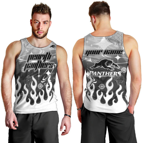 Personalized Penrith Panthers Men Tank Top Y2K Grunge Aesthetic With Cyber Flames and Starburst Graphics