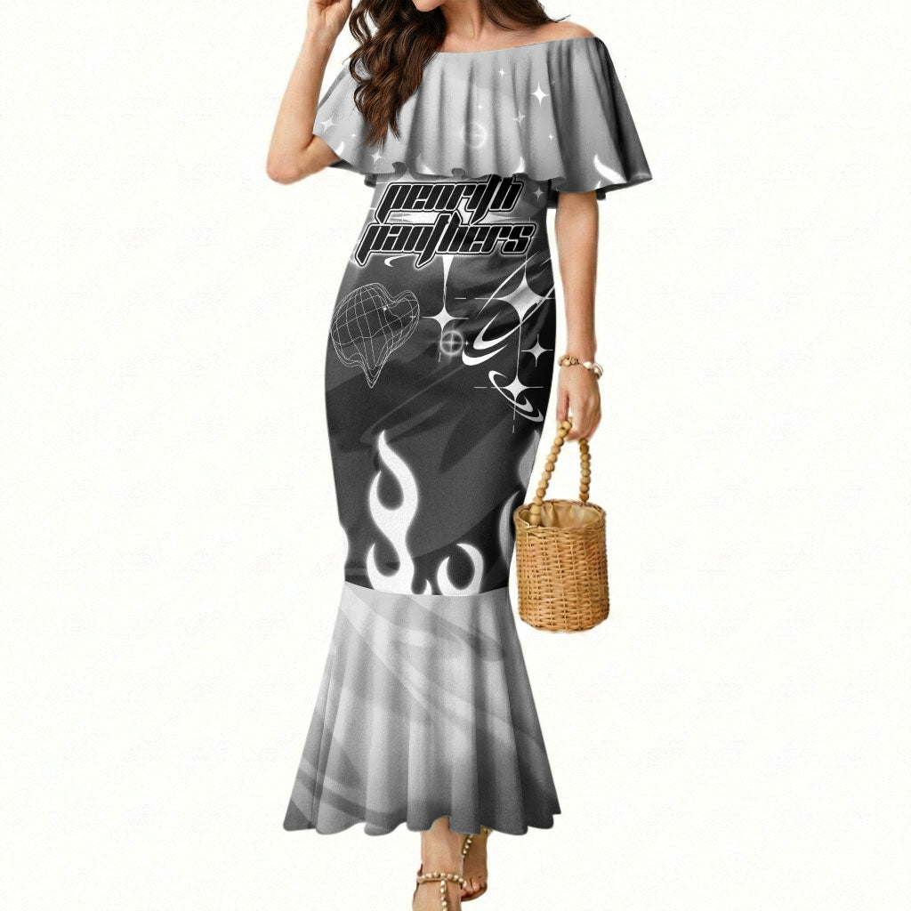 Personalized Penrith Panthers Mermaid Dress Y2K Grunge Aesthetic With Cyber Flames and Starburst Graphics