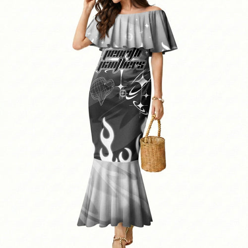 Personalized Penrith Panthers Mermaid Dress Y2K Grunge Aesthetic With Cyber Flames and Starburst Graphics