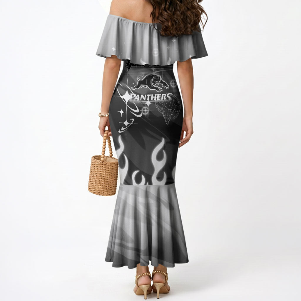 Personalized Penrith Panthers Mermaid Dress Y2K Grunge Aesthetic With Cyber Flames and Starburst Graphics