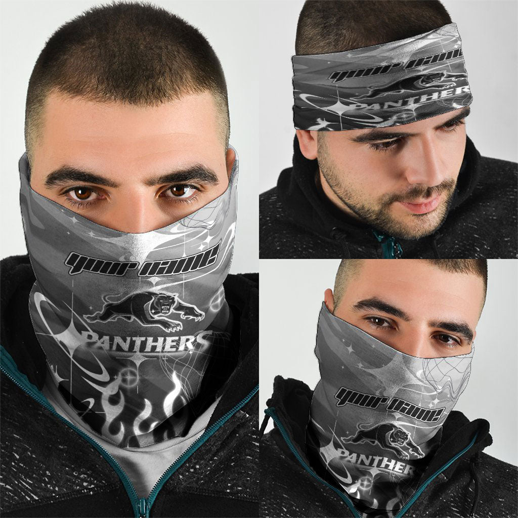 Personalized Penrith Panthers Neck Gaiter Y2K Grunge Aesthetic With Cyber Flames and Starburst Graphics