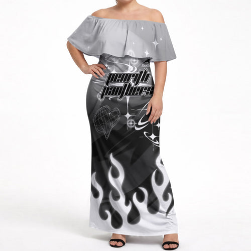 Personalized Penrith Panthers Off Shoulder Maxi Dress Y2K Grunge Aesthetic With Cyber Flames and Starburst Graphics