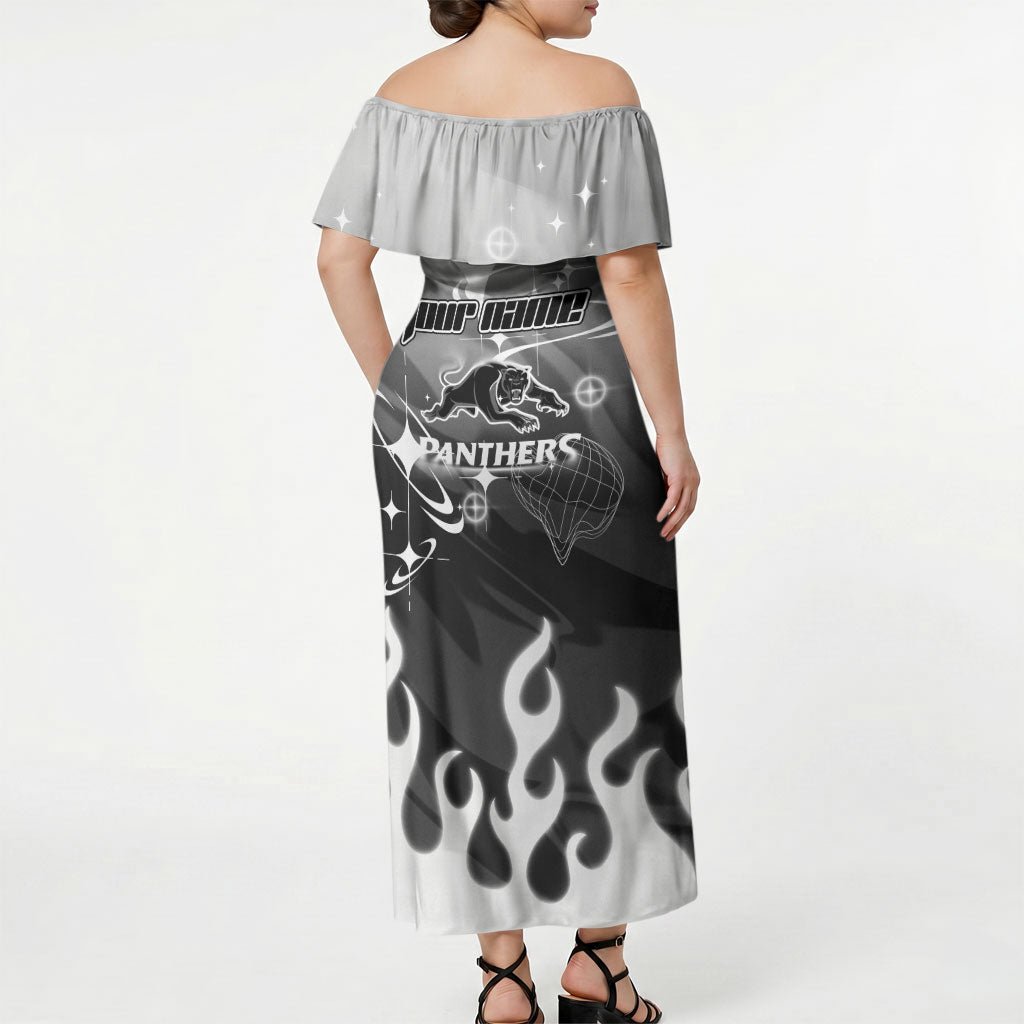Personalized Penrith Panthers Off Shoulder Maxi Dress Y2K Grunge Aesthetic With Cyber Flames and Starburst Graphics