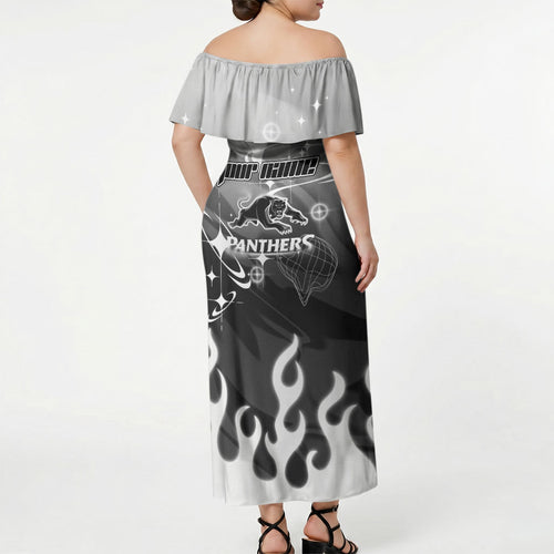 Personalized Penrith Panthers Off Shoulder Maxi Dress Y2K Grunge Aesthetic With Cyber Flames and Starburst Graphics