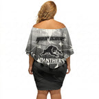 Personalized Penrith Panthers Off Shoulder Short Dress Y2K Grunge Aesthetic With Cyber Flames and Starburst Graphics