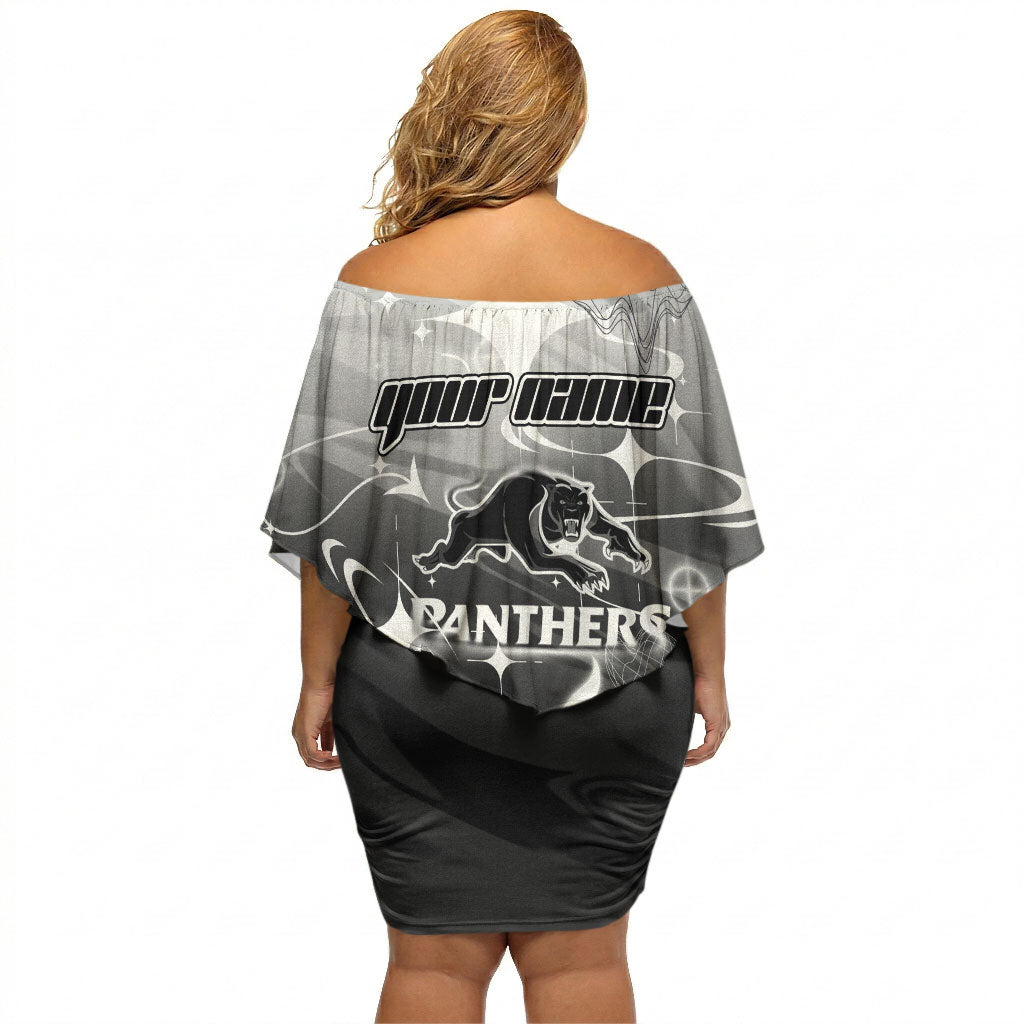 Personalized Penrith Panthers Off Shoulder Short Dress Y2K Grunge Aesthetic With Cyber Flames and Starburst Graphics